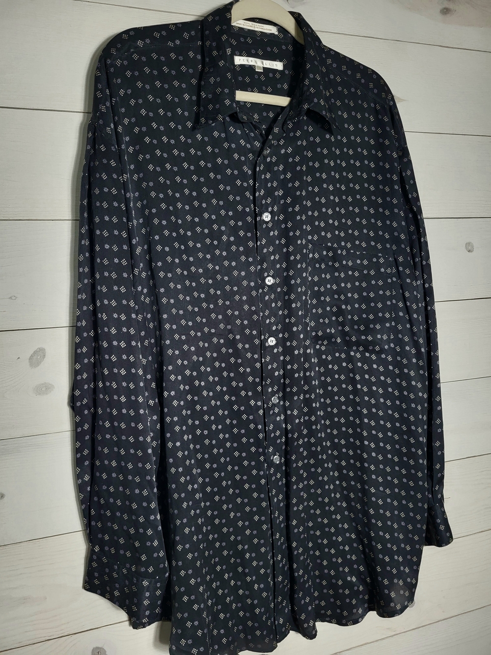 Perry Ellis Men's Silk Shirt Long Sleeve Button-Up Geometric Print Vintage.